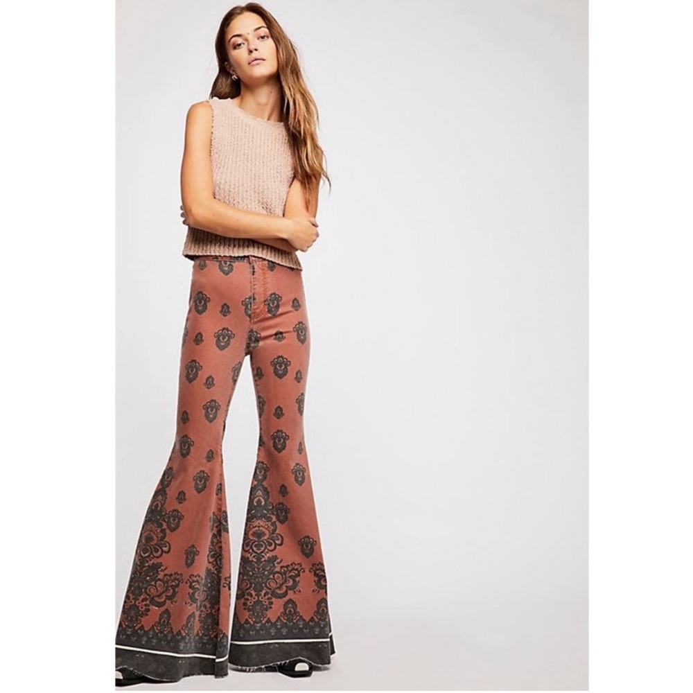 NEW RARE Free People Just Float On Printed Flare Jeans Size 24 Rust Combo
